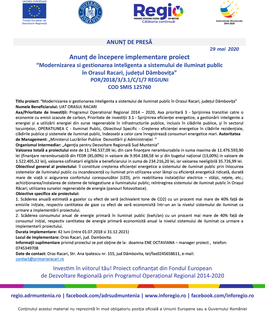 Anunț de începere implementare proiect “Modernizarea şi gestionarea inteligentă a sistemului de iluminat public în Oraşul Răcari, județul Dâmbovița”   POR/2018/3/3.1/C/1/7 REGIUNI COD SMIS 125760