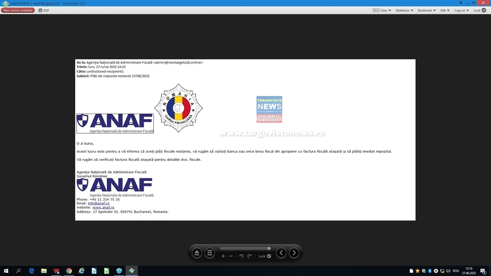 Atenție! Emailuri false, în numele ANAF! NU le deschideţi