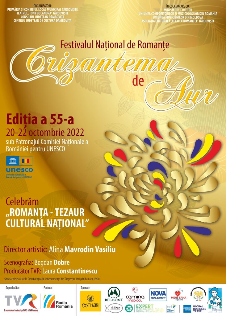 Festivalul Naţional de Interpretare şi Creaţie a Romanţei „Crizantema de Aur”, ediţia a 55-a, între 20 şi 22 octombrie, la Târgovişte