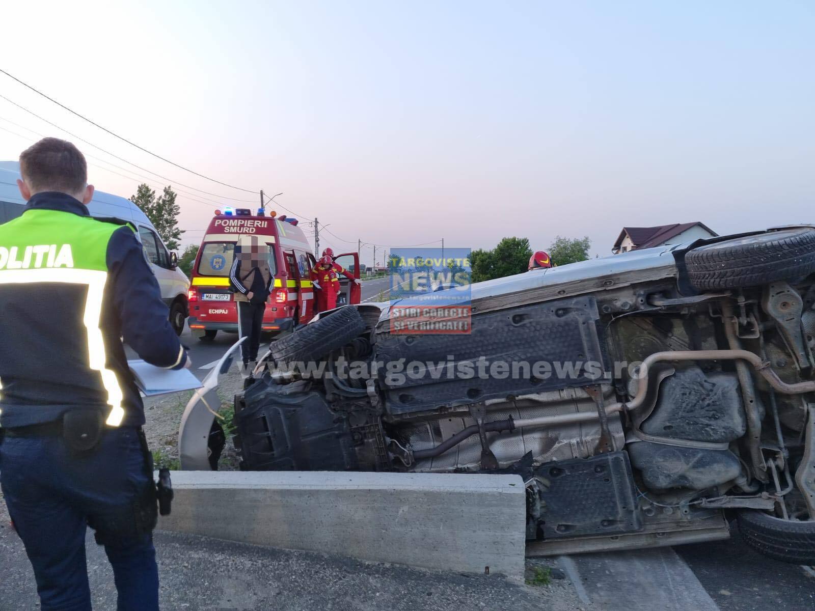 Accident, azi-dimineață, în Comișani. O șoferiță s-a răsturnat cu mașina