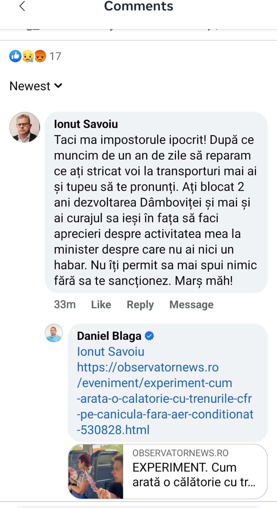 ”Reacție ca în mahala a ditamai ministrului secretat de stat, ”valoarea” PSD Dâmbovița – Săvoiu Ionuț: ‘Marș, mă’!’’