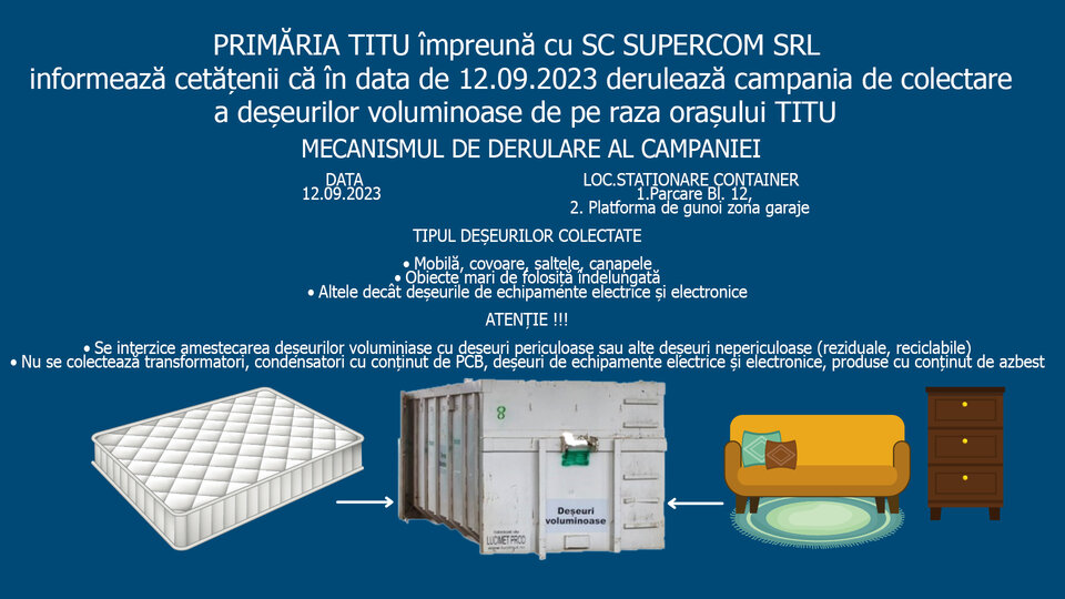 ANUNȚ: Marți, 12 septembrie, campanie de colectare a deșeurilor voluminoase, la Titu