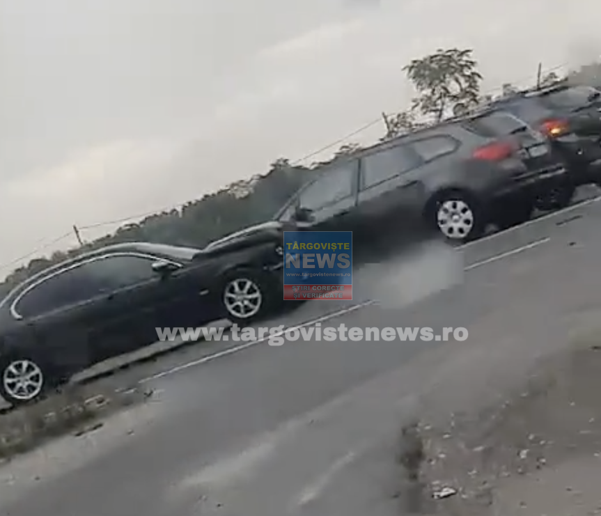 Accident în lanț, pe DN 71, la intersecția cu Moara Nouă. 5 mașini s-au izbit, iar doi oameni au fost răniți