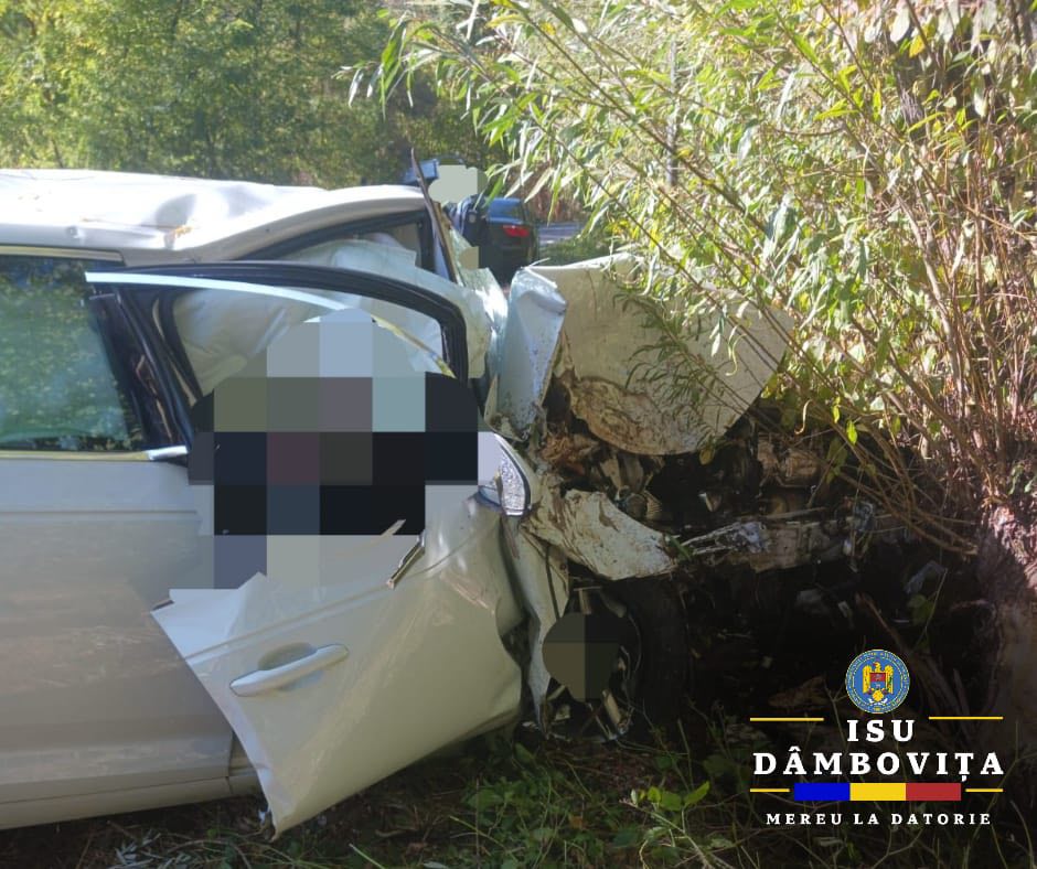 Accident grav, la Vulcana Pandele. Un șofer începător s-a izbit cu mașina de un copac