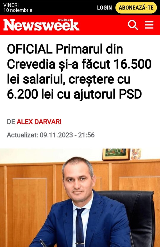 Deputatul Daniel Blaga: “Tupeu fără margini, la Crevedia! Primarul PSD, Florin Petre, şi-a mărit salariul la 16500 de lei (3300 de euro)! RUŞINE!”