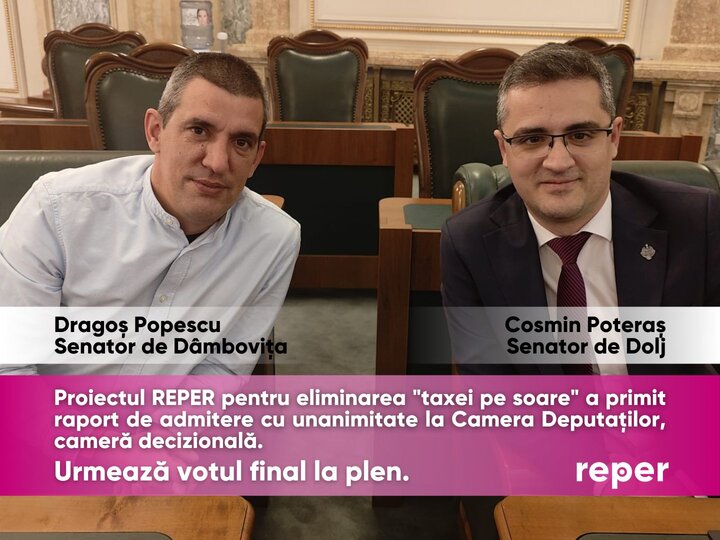 Proiectul senatorului Dragoş Popescu, Reper, Eliminăm “taxa pe soare” a fost admis. “Prosumatorii nu trebuie să plătească pentru energia produsă și autoconsumată!”