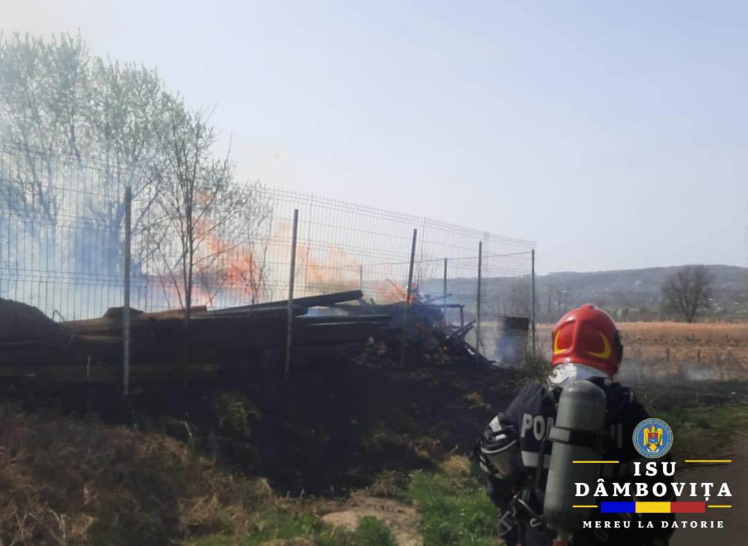 Un depozit de cherestea a luat foc din cauza unui incendiu de vegetaţie, la Izvoarele, în Voineşti